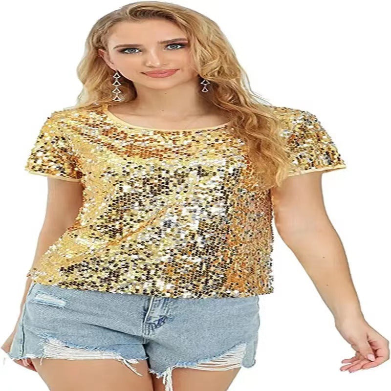 Damen Glitzerndes Pailletten T-Shirt mit lässigem Schnitt und komfortablem Baumwollmaterial Drune