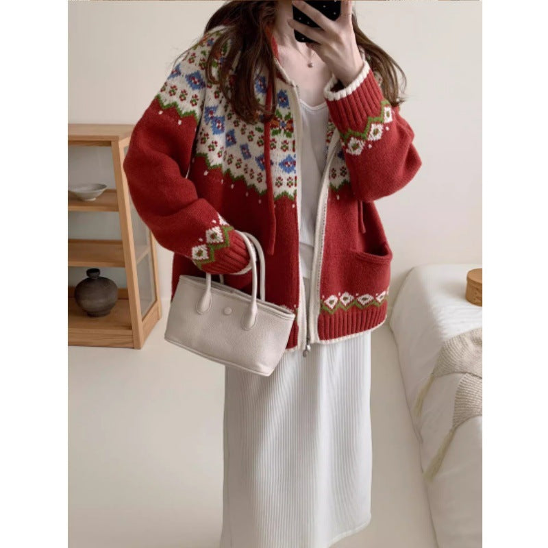 Damen Hübsche Strickjacke mit farbenfrohem Muster und Taschen Drune