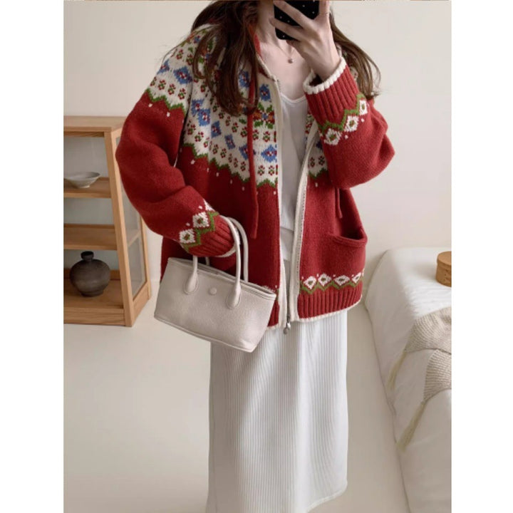 Damen Hübsche Strickjacke mit farbenfrohem Muster und Taschen Drune