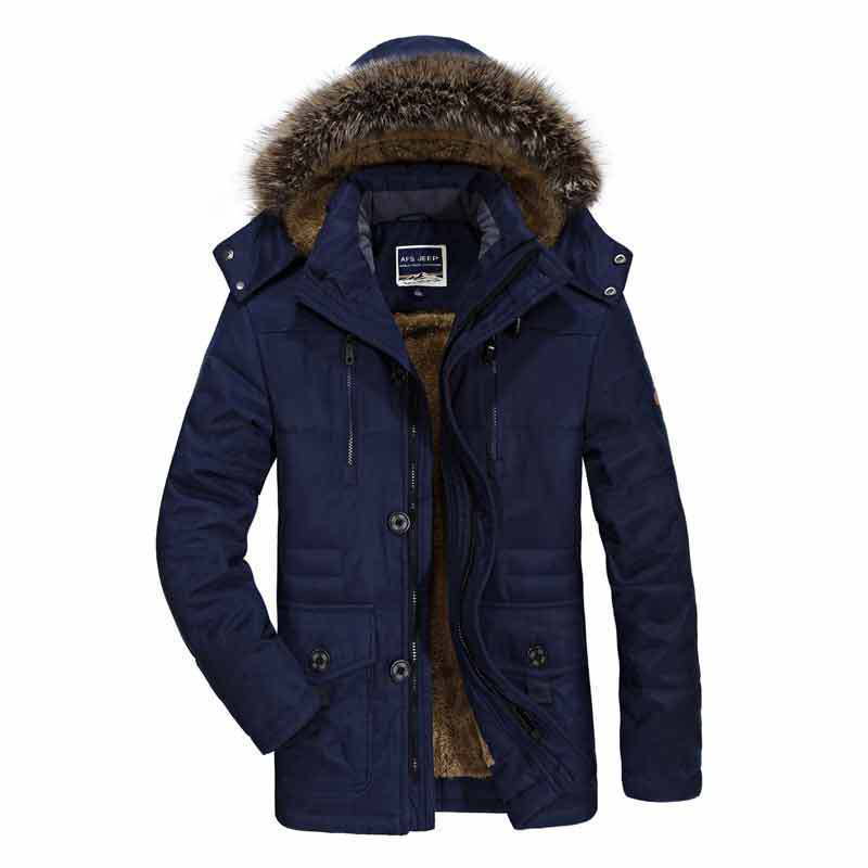 Herren nan gefütterte Parkajacke mit abnehmbarer Kapuze, Kunstfellbesatz und winddichter Isolation Drune