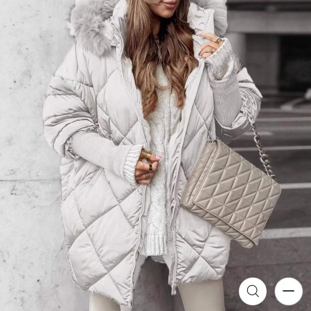 Damen langer gesteppter Winterparka mit großer Kapuze und Kunstfellbesatz Drune
