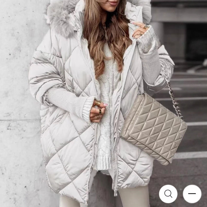 Damen langer gesteppter Winterparka mit großer Kapuze und Kunstfellbesatz Drune