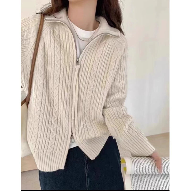 Damen Kastiger Zopfstrick‑Cardigan mit Zweiwege‑Reißverschluss, Stehkragen und breitem Rippsaum Drune