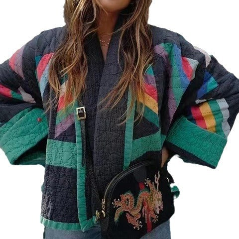 Damen wattierte Kimono-Steppjacke mit Patchwork-Design und weiten Ärmeln Drune