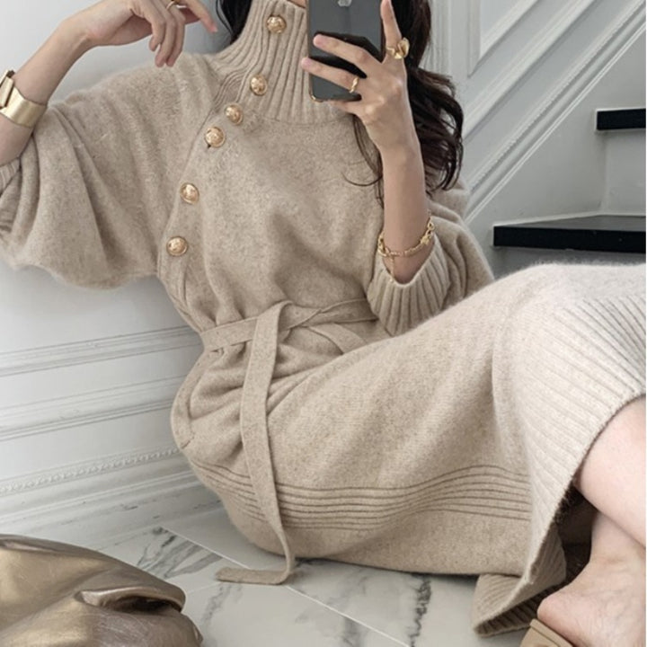 Damen elegantes Strickkleid mit modischem Rollkragen und detailreicher Knopfverschluss Drune