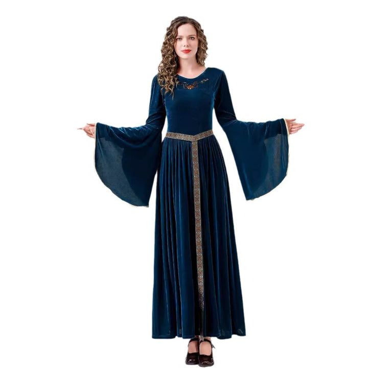 Damen elegantes Samtkleid mit Weitem Ärmel und Ziergürtel Drune
