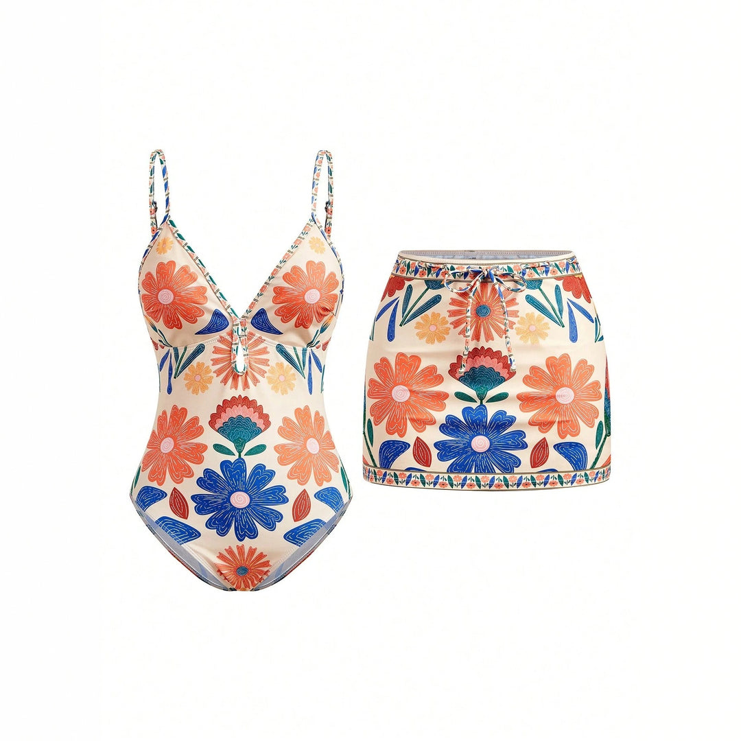 Damen Blumenmuster Badeanzug mit passendem Rock Drune