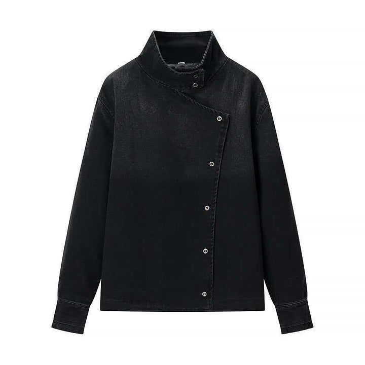 Damen moderne Denimjacke mit asymmetrischem Kragen und praktischen Druckknöpfen Drune