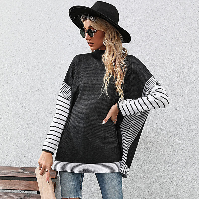 Damen Oversize Strickpullover mit Stehkragen und gestreiften Raglanärmeln Drune