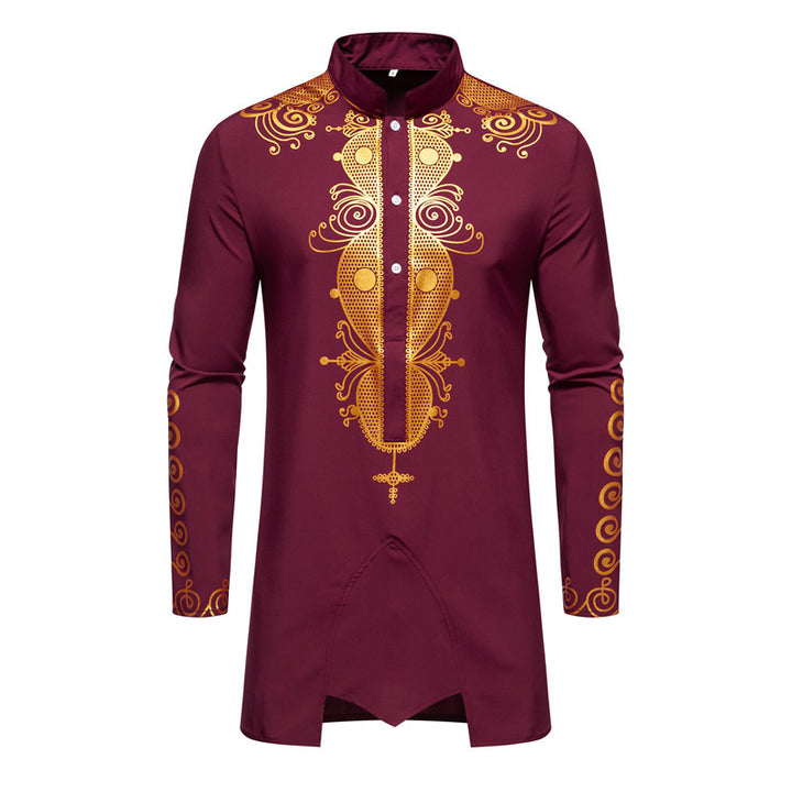 Herren Lange Tunika mit Stehkragen und goldverziertem Ornament Drune
