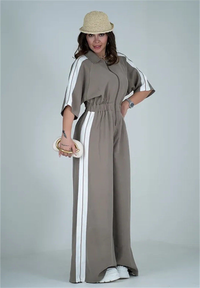 Damen Langer Jumpsuit mit Taillengebund und Kontraststreifen