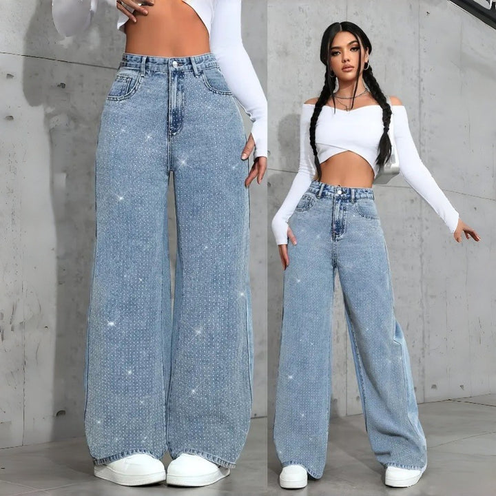 Damen Elegante High-Waist Jeans im weiten Schnitt mit glitzerndem Detail Drune