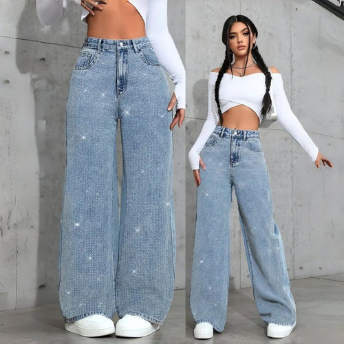 Damen Elegante High-Waist Jeans im weiten Schnitt mit glitzerndem Detail Drune