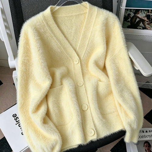 Damen Fluffy-Cardigan mit tiefem V-Ausschnitt, gerippter Knopfleiste und Eingrifftaschen Drune