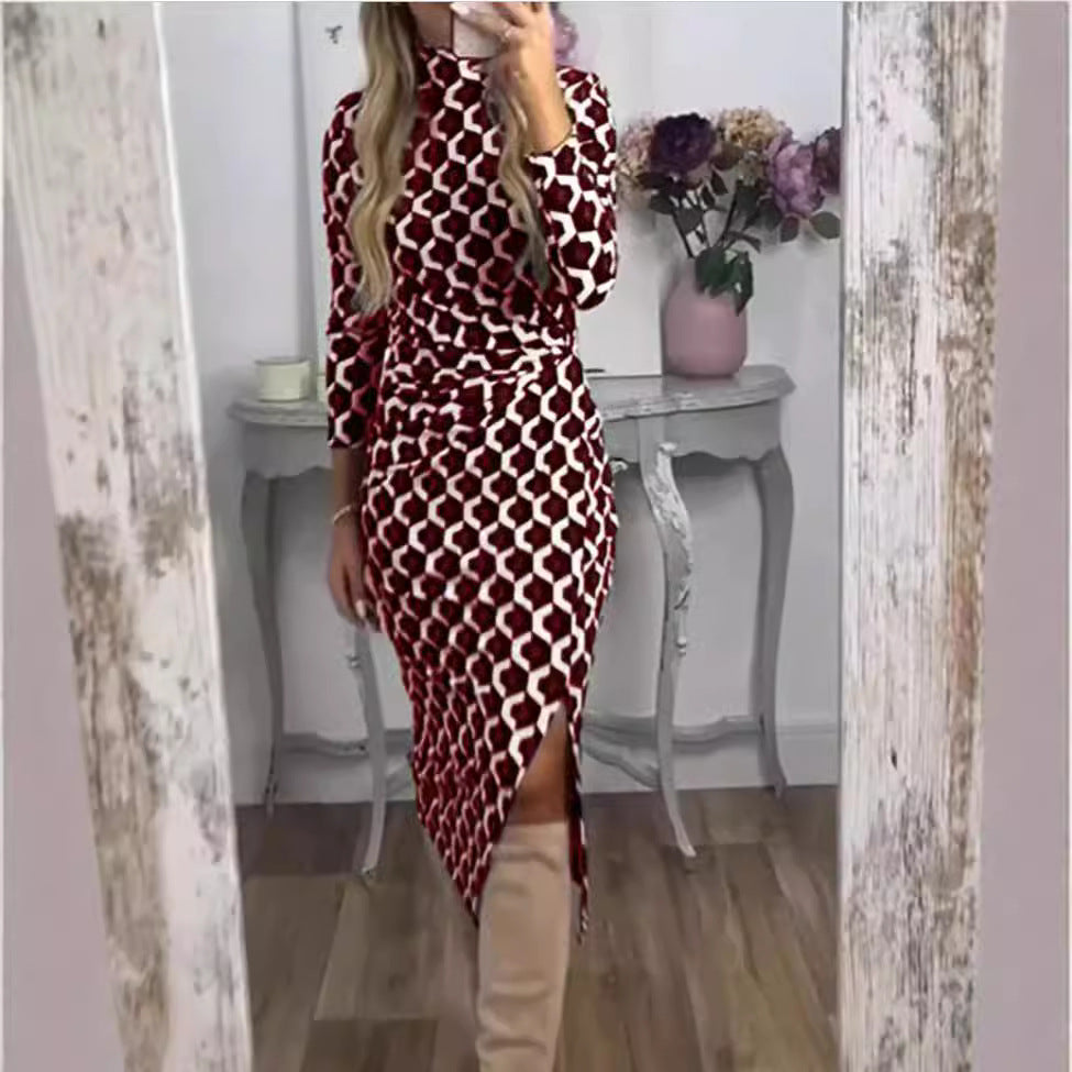 Damen Figurbetontes Midi-Kleid mit geometrischem Wabenmuster, Stehkragen und Seitenschlitz Drune