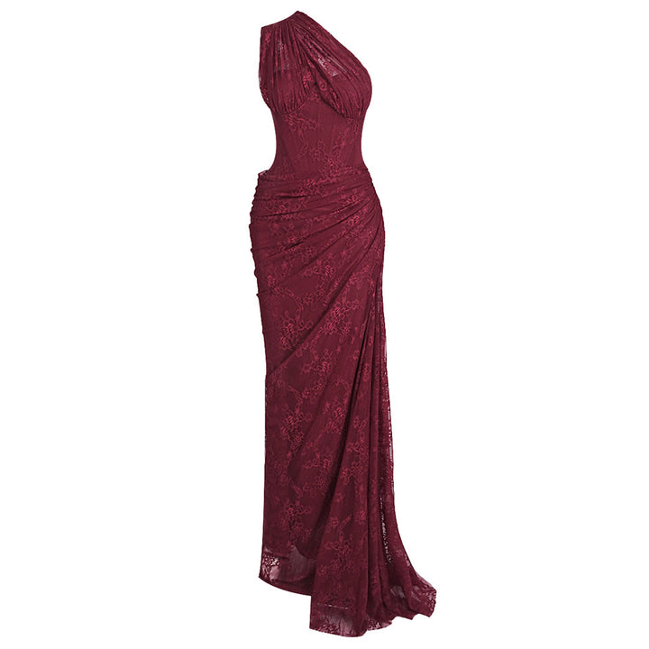 Damen elegantes Abendkleid mit asymmetrischem One-Shoulder-Design und floralem Spitzenbesatz Drune