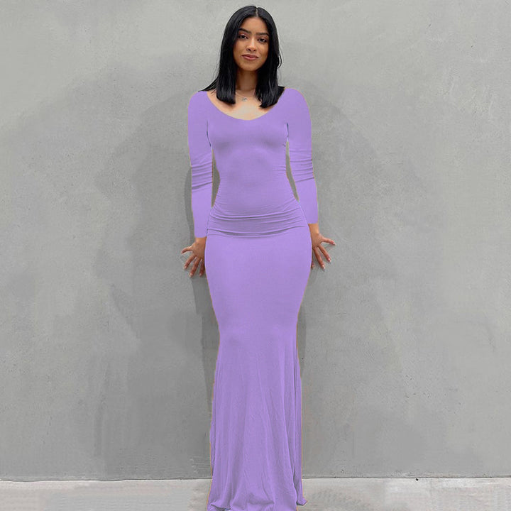 Damen Körperbetontes Maxi‑Jerseykleid mit taillierter Drapierung, langen Ärmeln und ausgestelltem Saum Drune