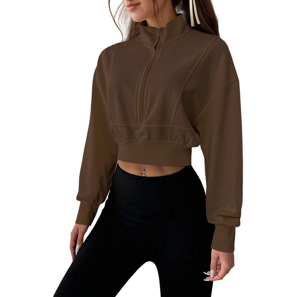 Damen kurzes Stehkragen-Sweatshirt mit halbem Reißverschluss, tailliertem Rippenbund und Daumenloch-Ärmeln Drune