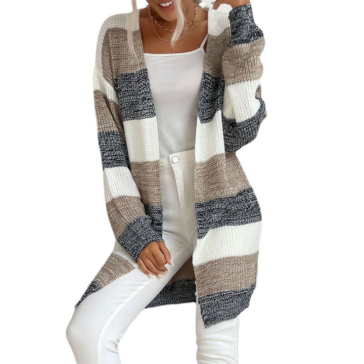 Damen Longline Strickcardigan mit breiten Blockstreifen, offener Front und überschnittener Schulter Drune