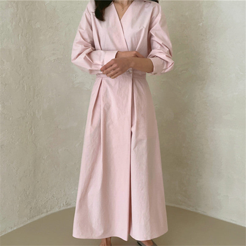 Damen Wickel-Hemdkleid mit tailliertem Bund, Kellerfalten und Eingrifftaschen Drune