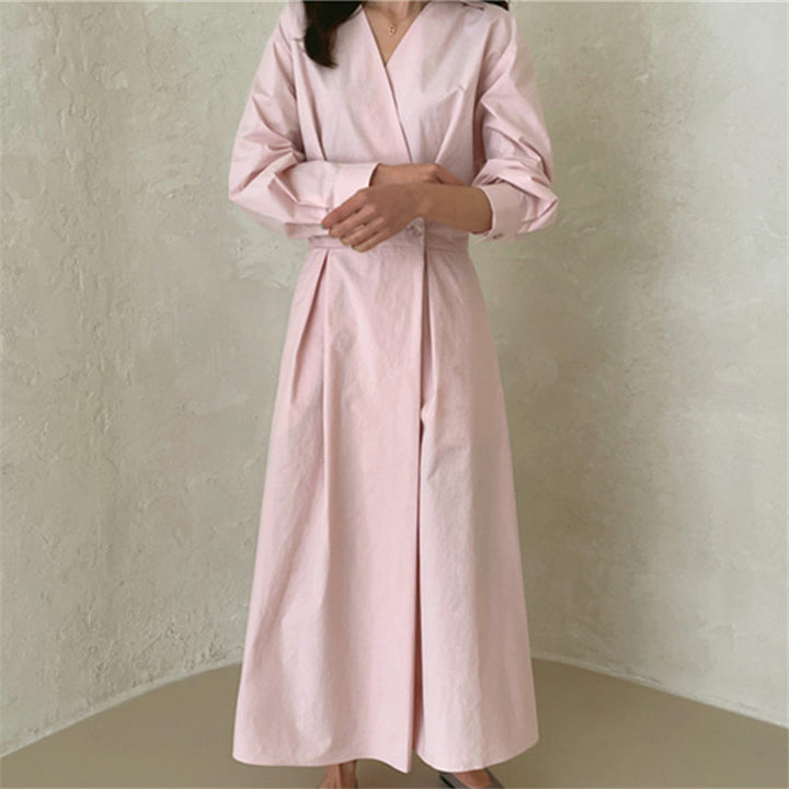 Damen Wickel-Hemdkleid mit tailliertem Bund, Kellerfalten und Eingrifftaschen Drune