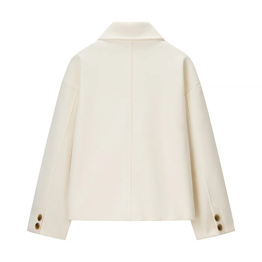 Damen nan boxy Kurzjacke mit oversized Hemdkragen, verdeckter Knopfleiste und nahtlosen Eingrifftaschen Drune