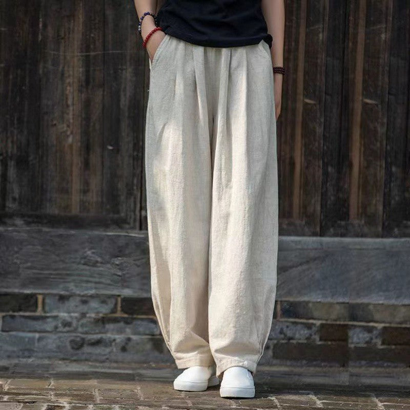 Damen weite Leinenhose mit elastischem Bund und seitlichen Taschen Drune