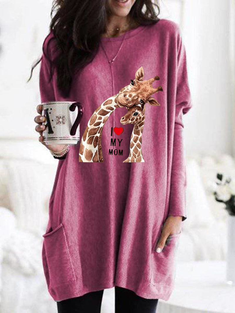 Frauen Übergroße Sweatkleid mit Giraffenmuster, Rundhalsausschnitt und Seitentaschen Drune