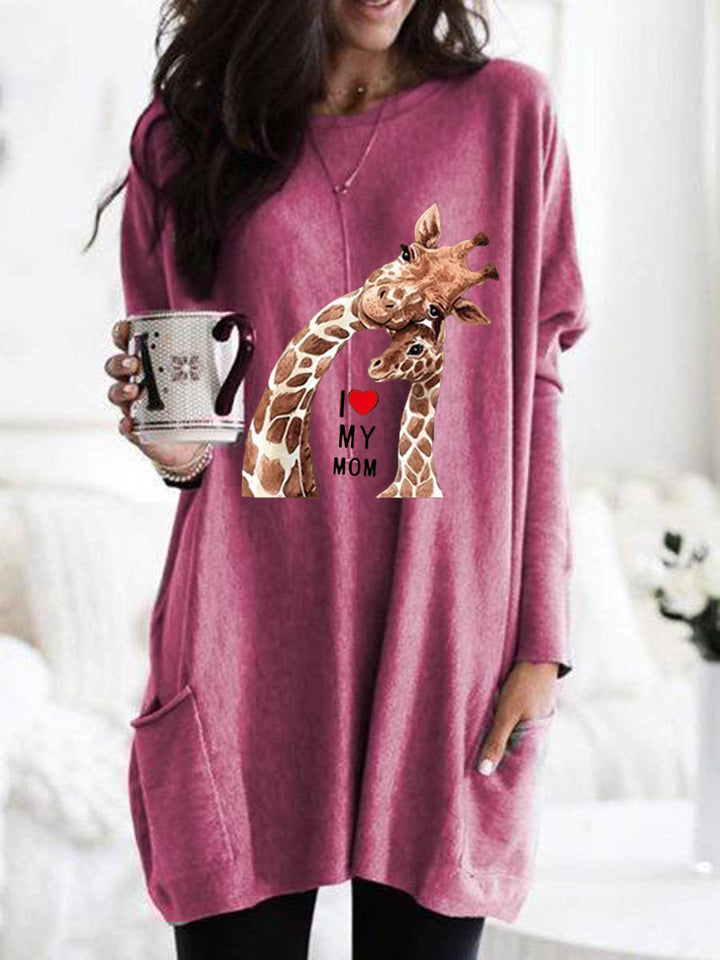 Frauen Übergroße Sweatkleid mit Giraffenmuster, Rundhalsausschnitt und Seitentaschen Drune
