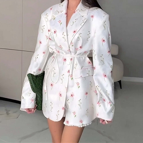 Damen nan taillierter Blumenblazer mit Bindegürtel und Reverskragen Drune