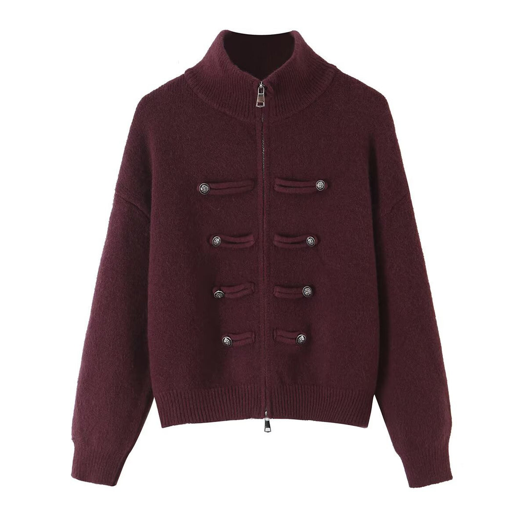 Damen Strickjacke mit Stehkragen, Reißverschluss und dekorativen Knotenblenden Drune