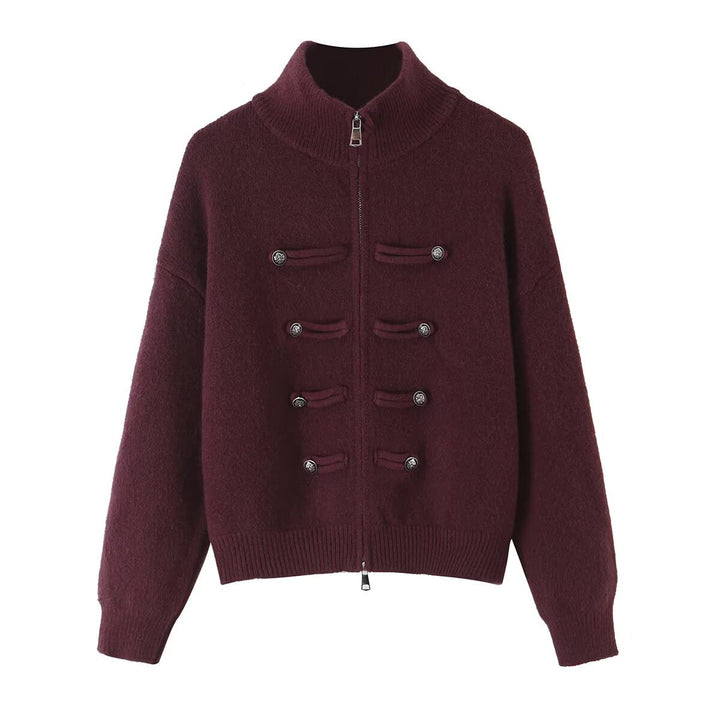 Damen Strickjacke mit Stehkragen, Reißverschluss und dekorativen Knotenblenden Drune