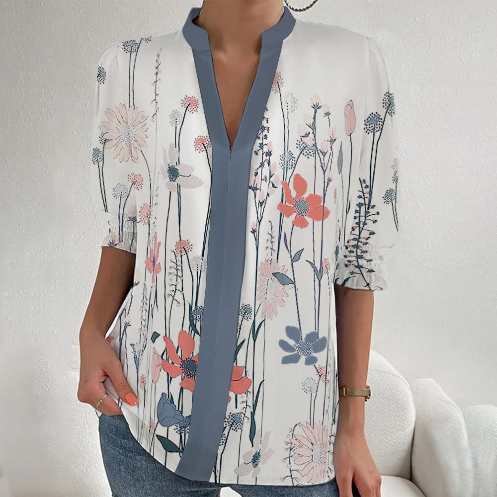 Damen Blumenprint Tunika-Bluse mit Stehkragen, geschlitzter V‑Blende und gerafften 3/4-Ärmeln Drune