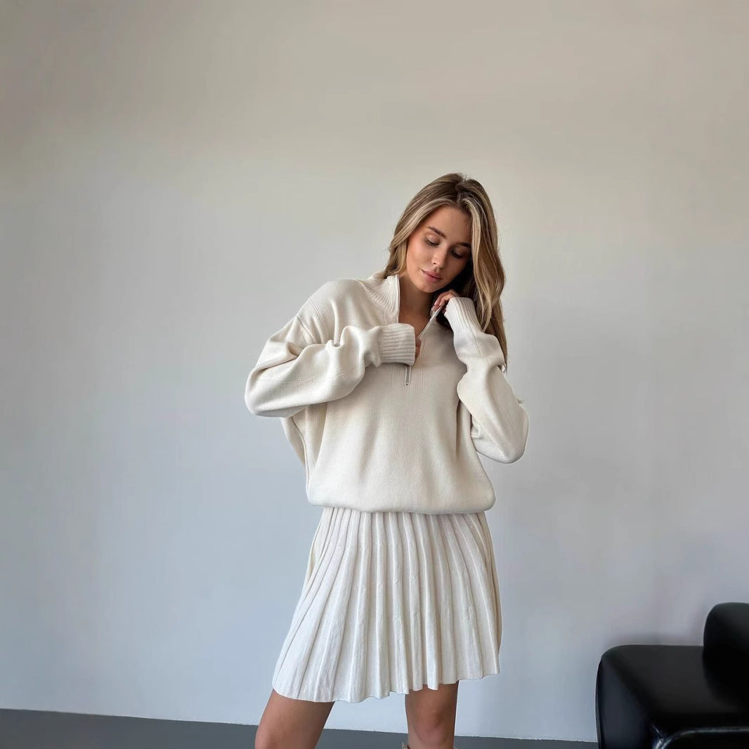 Damen gemütliches Strick-Set mit Reißverschluss-Pullover und plissiertem Rock Drune