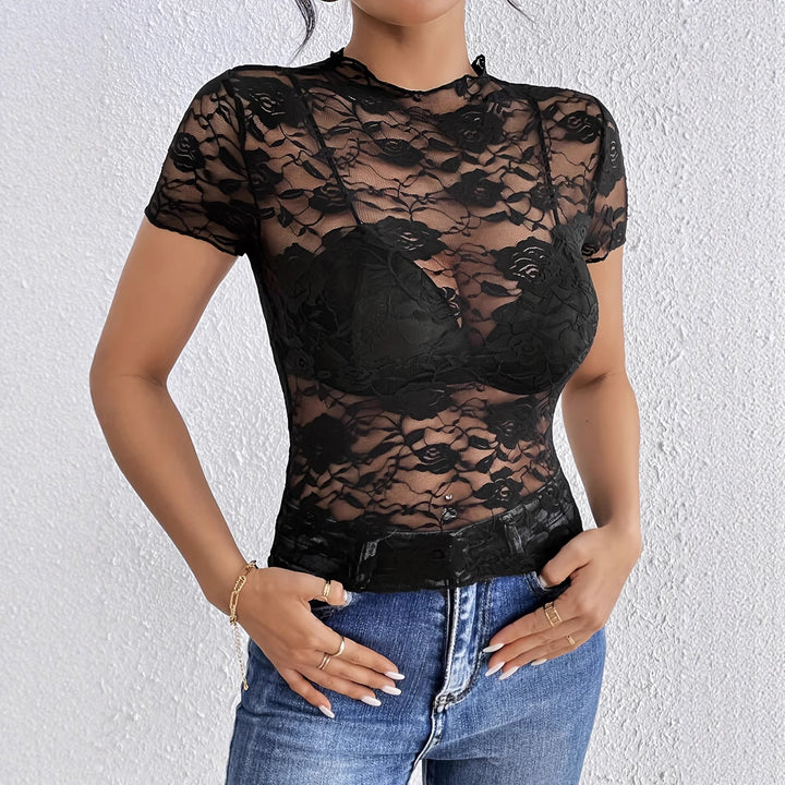 Damen nan kurzes Spitzenoberteil mit floraler Ajour-Spitze, Stehkragen und eingearbeitetem Bustier Drune