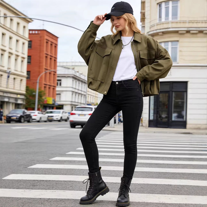 Damen Oversize Kurzjacke mit aufgesetzten Pattentaschen, Tropfenärmeln und elastischem Saum Drune