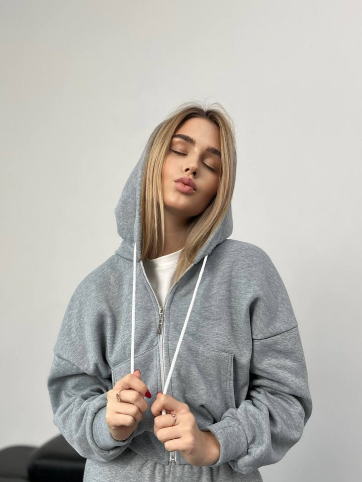 Damen minimalistisches Sculpt-Fit Lounge-Set mit tailliertem Reißverschluss-Hoodie und formender High-Waist-Jogpant Drune