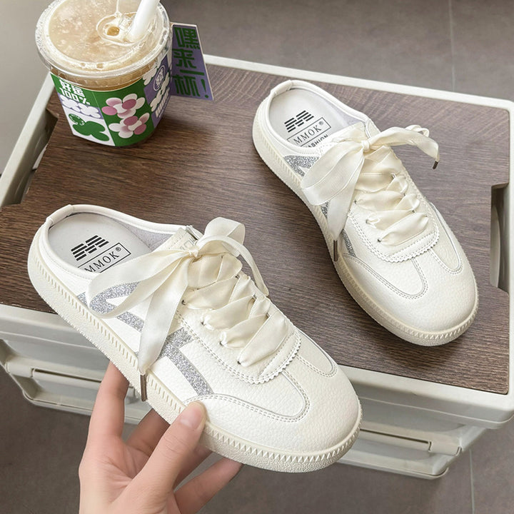 Damen Satin-Schnürpantoffel Mule-Sneaker mit offener Fersenpartie und Metallic-Optik Drune