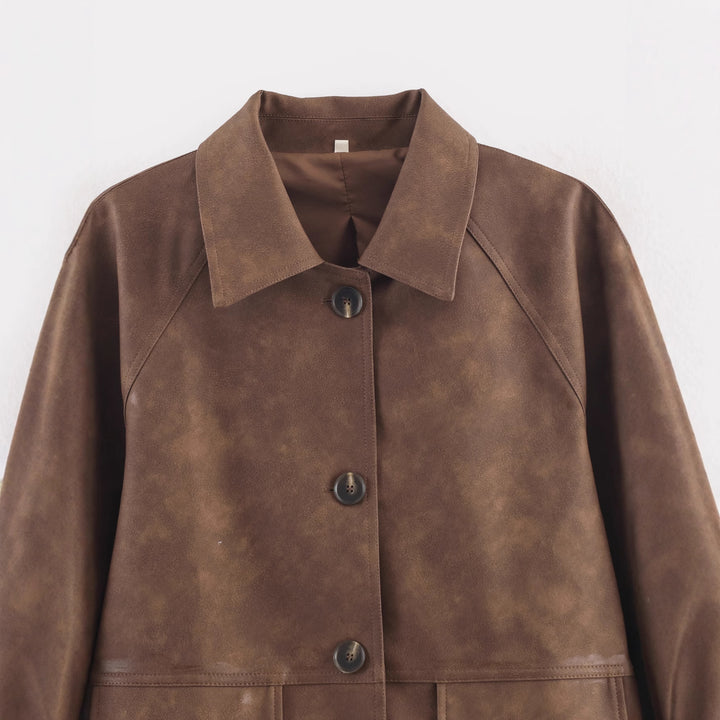 Damen lässige Kunstlederjacke mit Taschen Drune