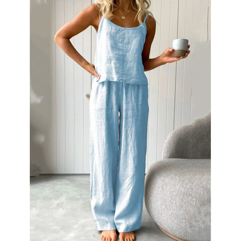 Damen lässiges Leinen-Set mit Trägershirt und weiten Hosen Drune
