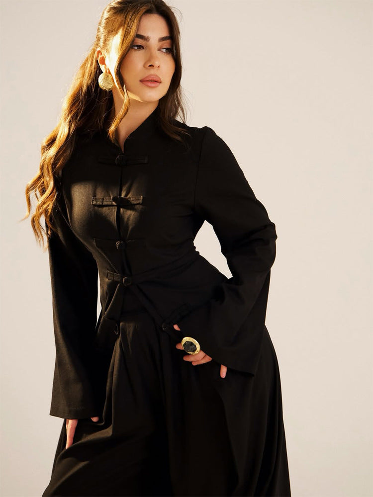 Damen Maxikleid mit Stehkragen, Mandarin-Knopfleiste und drapierter Rockpartie Drune
