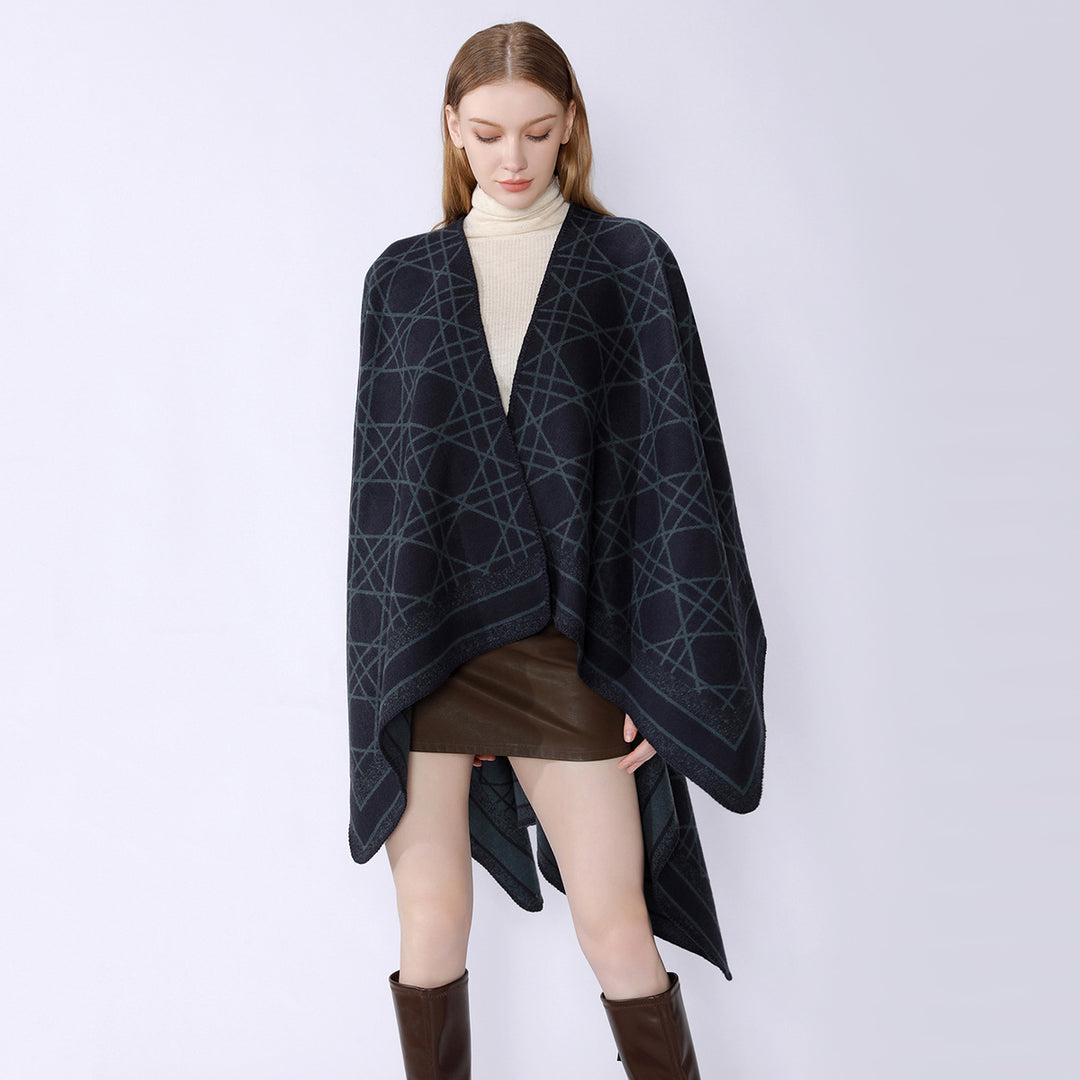 Damen Wendbarer Jacquard-Capeponcho mit geometrischem Allovermuster und offenem Kimono-Fall Drune