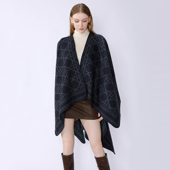 Damen Wendbarer Jacquard-Capeponcho mit geometrischem Allovermuster und offenem Kimono-Fall Drune