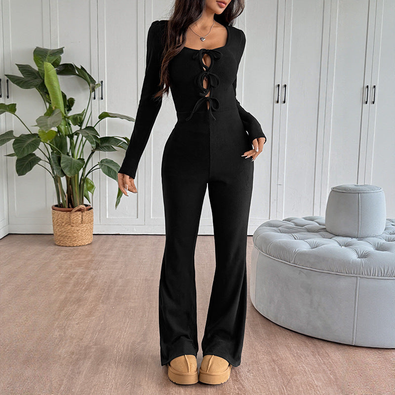 Damen Mode Jumpsuit mit langen Ärmeln und Schnürdetails Drune
