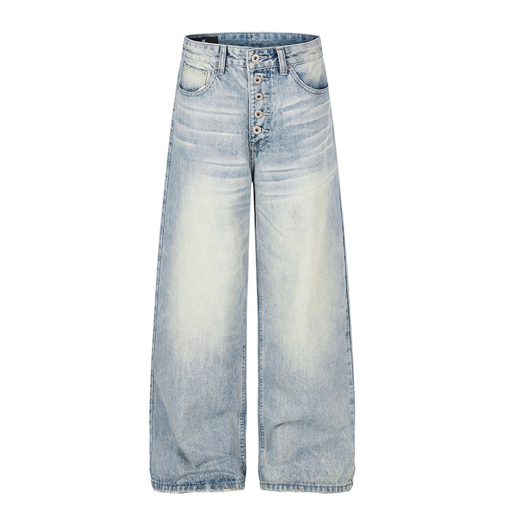 Damen High‑Waist weite Denim‑Palazzo‑Jeans mit Knopfleiste und Used‑Waschung Drune