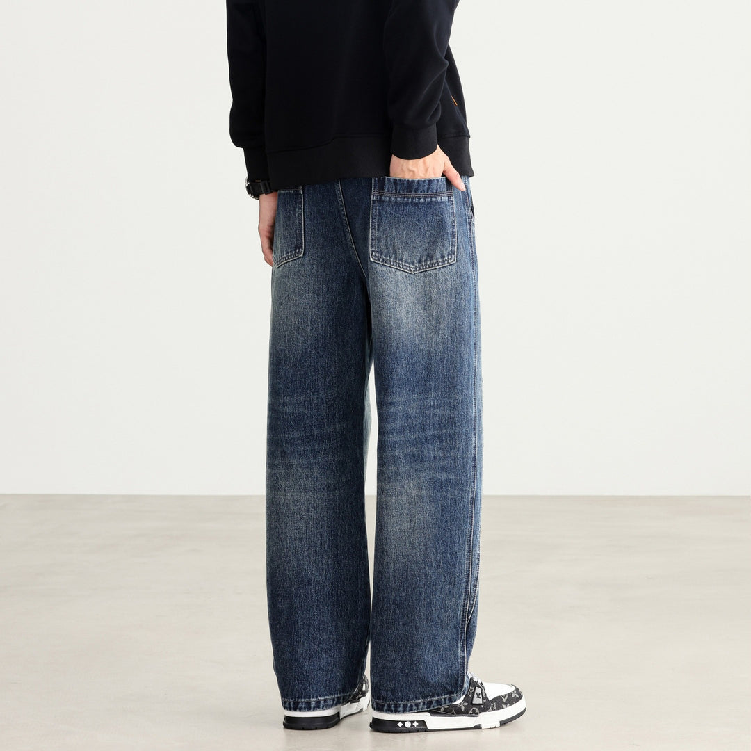 Herren Weite Denim-Hose mit Tunnelzugbund, Paneelnähten und Used-Waschung Drune