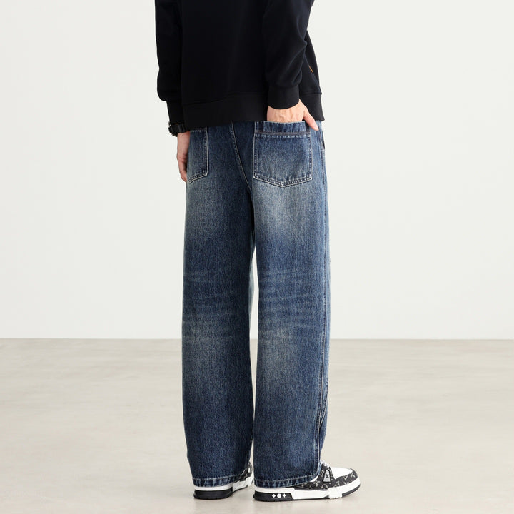 Herren Weite Denim-Hose mit Tunnelzugbund, Paneelnähten und Used-Waschung Drune