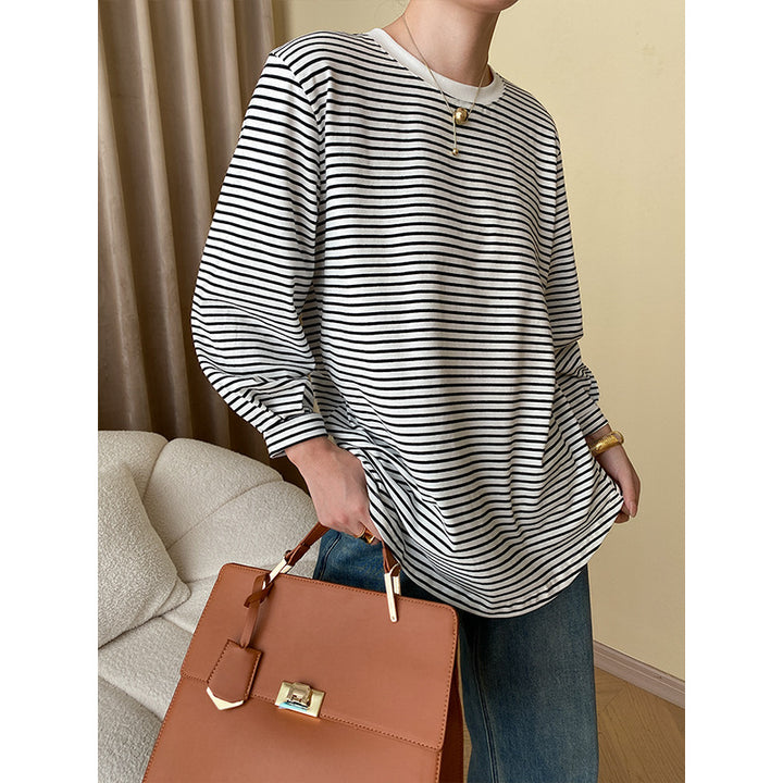 Damen lässiges gestreiftes Langarmshirt mit Rundhalsausschnitt und bequemer Passform Drune