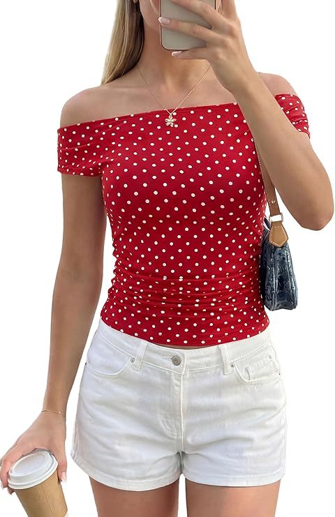 Damen Schulterfreies tailliertes Polka‑Dot Top mit geraffter Seitennaht Drune