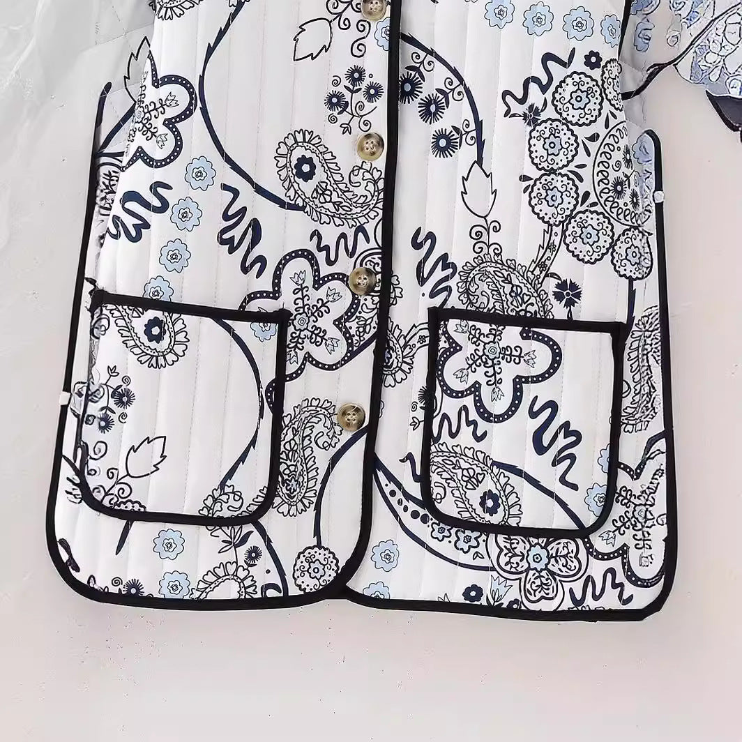 Damen Gestepptes Paisley‑Print Steppjacke mit Kontrastpaspel und Rundhalsausschnitt Drune